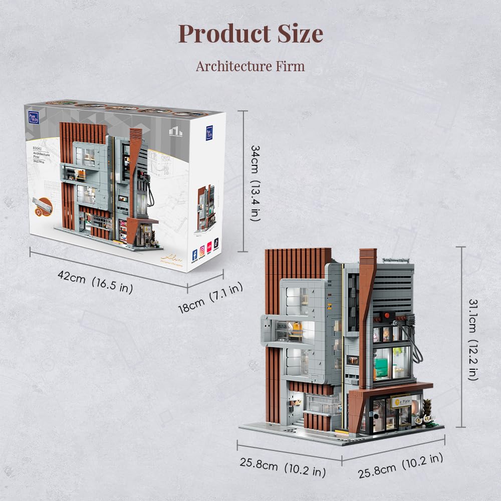 PANTASY Architecture Studio Building Set, Korean MOC Artist Ohsojang Collaboration, Modular 3-Story Modern Office with LED Lighting, Urban Street Scene Brick Model with 5 Minifigures