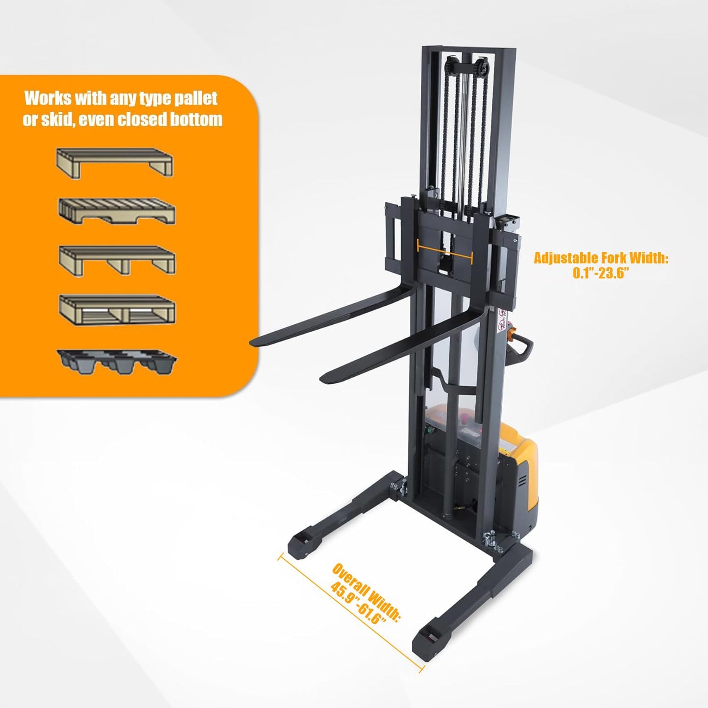APOLLOLIFT Full Electric Stacker, 3300 lbs Capacity 118" Lift Height Powered Walkie Forklift Stackers with Straddle Legs, Power Drive and Lift Material Lift with Adjustable Forks