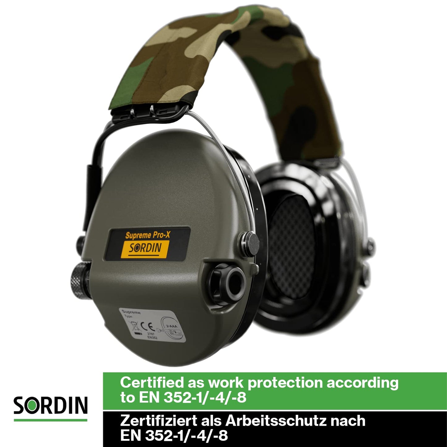 Sordin Pro-X Ear Muffs - 75302-X-G-S - Active and Electronic Ear Defenders w/Camo Headband - Gel Pads - Olive