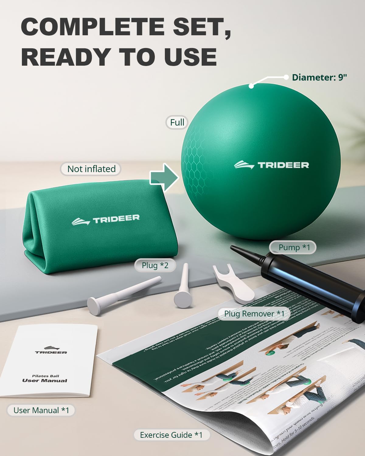 Trideer Exercise Balls Physical Therapy, 9 Inch Pilates Ball Between Knees for Physical Therapy, Mini Exercise Ball - Yoga Ball, Small Workout Balls for Core Strength and Back Support with Pump&Guide