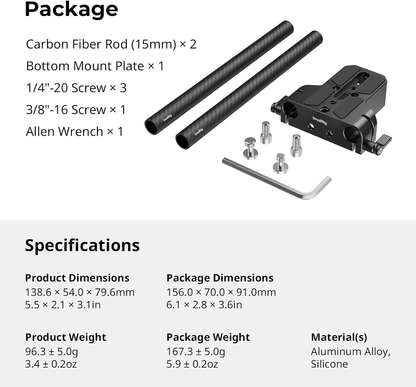 SMALLRIG 15mm 15mm (8'' 20cm), A6500 A6600 A6300, R5 R6, A7SIII A7III, 5609 Camera Base Plate Kit with LWS Rod Rail