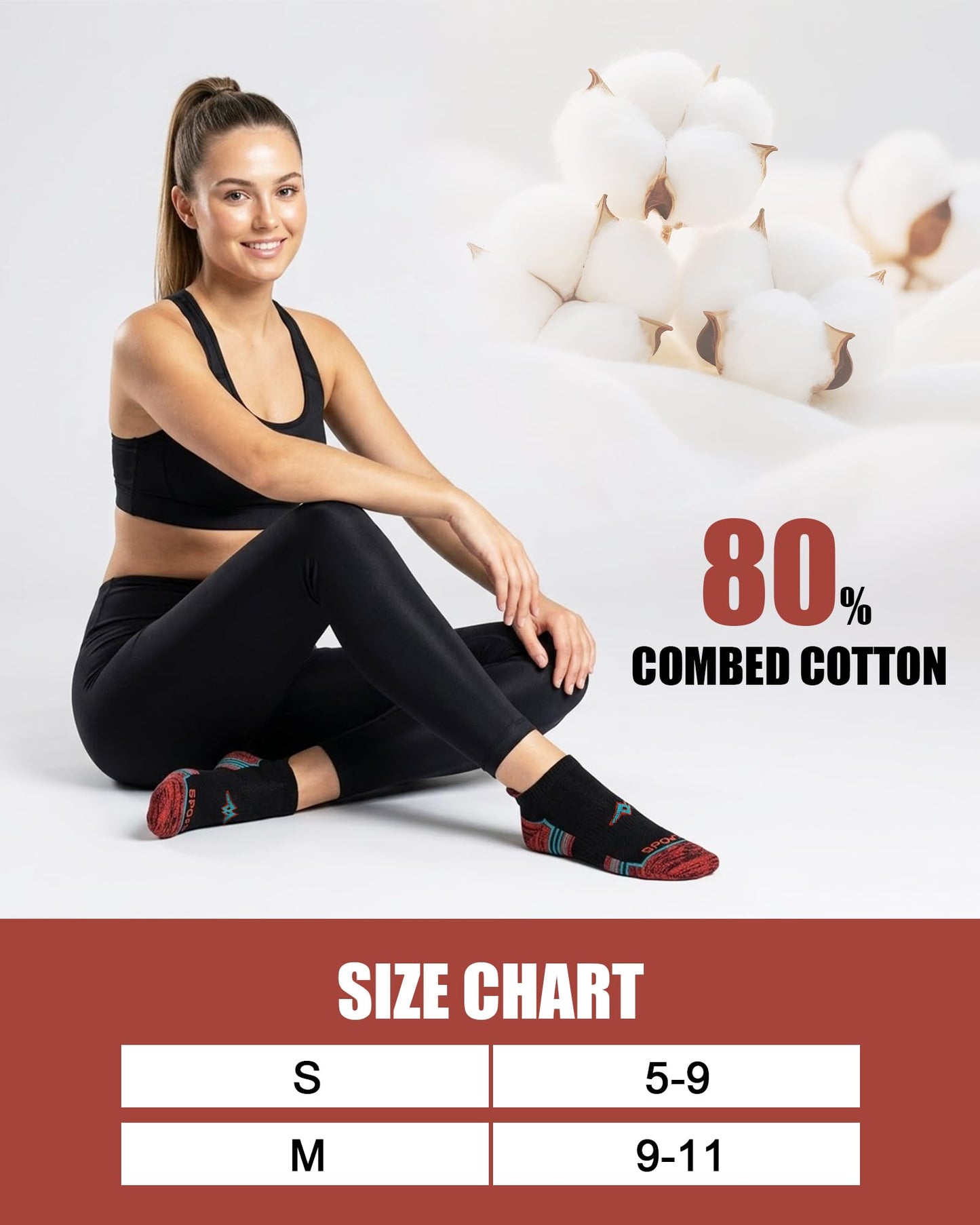 SukModen Women's Performance Athletic Socks 6/12 Pairs, Cotton Ankle Socks with Heel Tab & Cushioned Sole for Running, Gym, Fitness, Multi-Color on Black, 6 Pairs, S