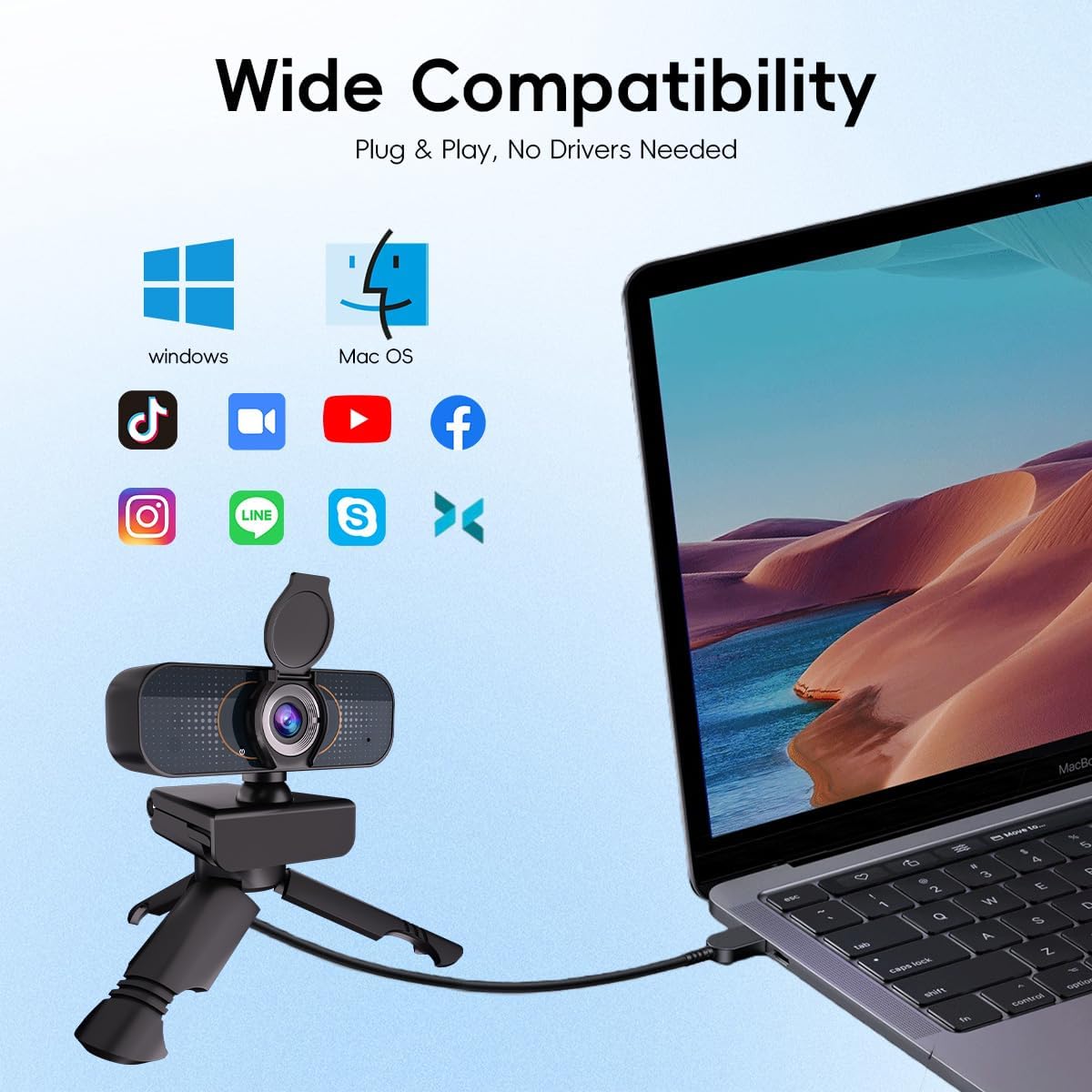 Generic 1080P PC Webcam with Built-in Noise-Canceling Microphone Physical Privacy Cover Automatic Light Compensation