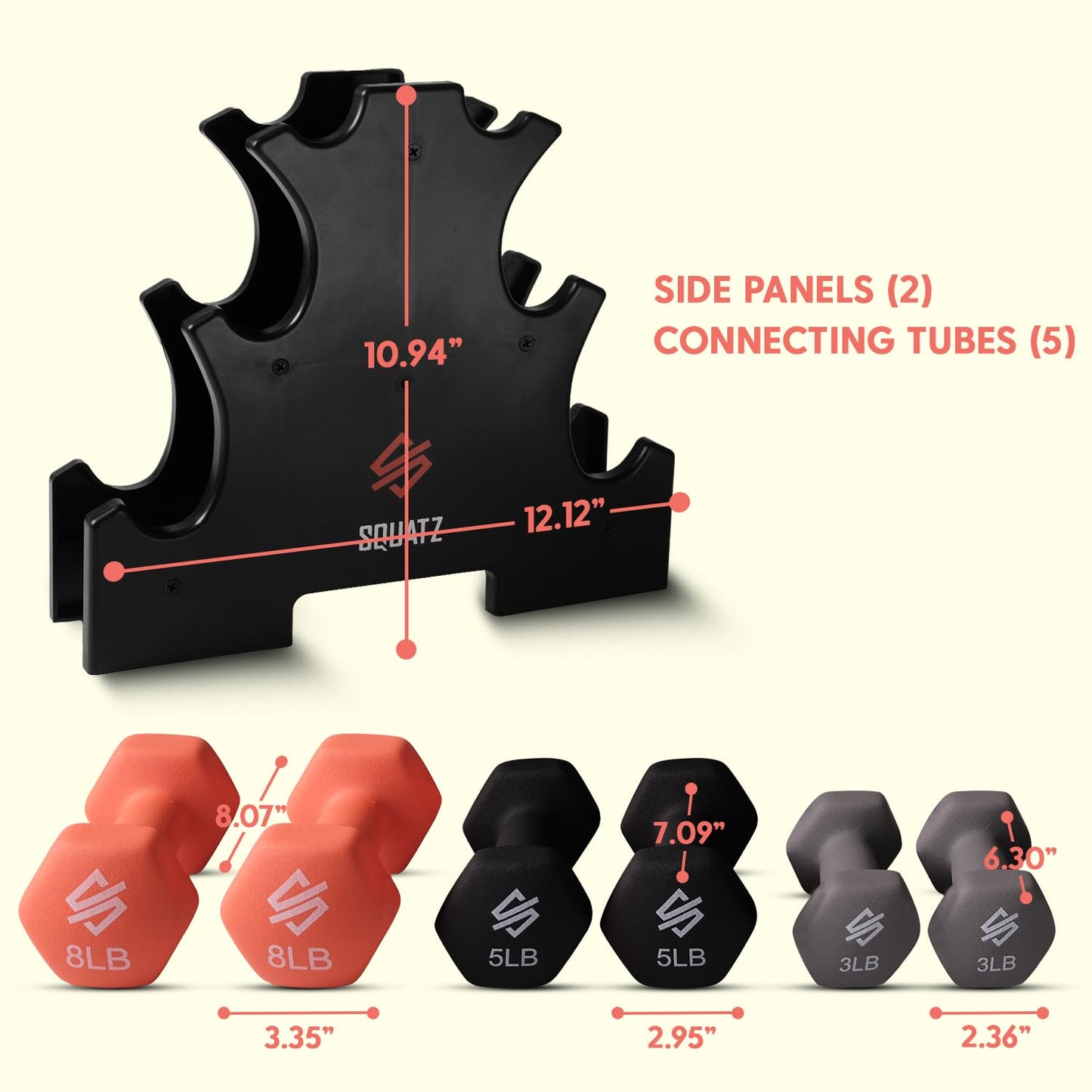 SQUATZ Dumbbell Weights Set with Stand, 32lbs Neoprene Coated Weights in Color Gray, Black, and Orange, Hex Shape Anti Slip and Roll Dumbbells for Exercise, Training, Fitness, Yoga