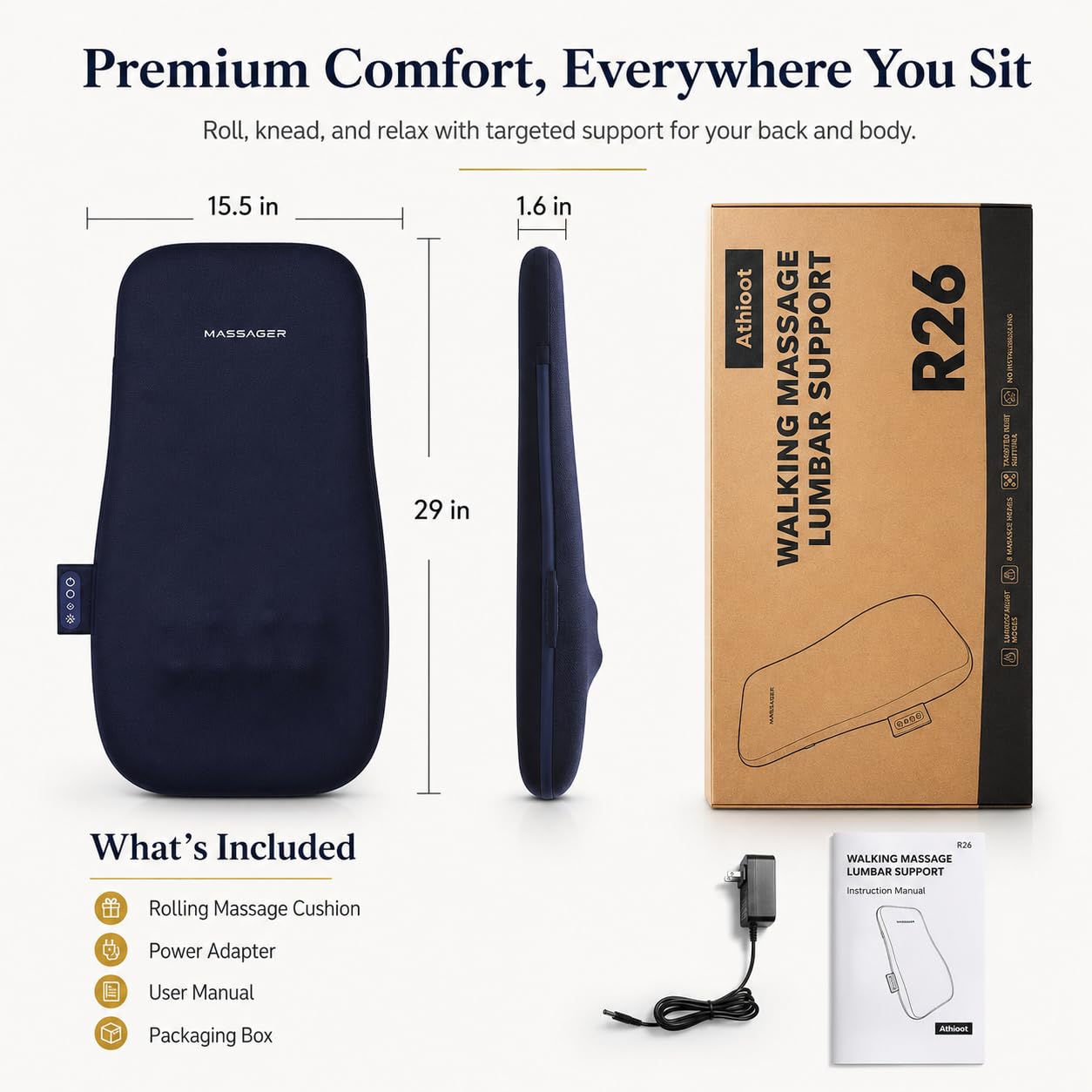 Athloot Back & Neck Massager with Heat for Pain Relief, FSA Full-Length Rolling Massage Cushion for Upper & Lower Back, 3 Modes, 2 Heat Levels, 15-Min Auto-Off, Slim Lumbar Support, HSA Eligible
