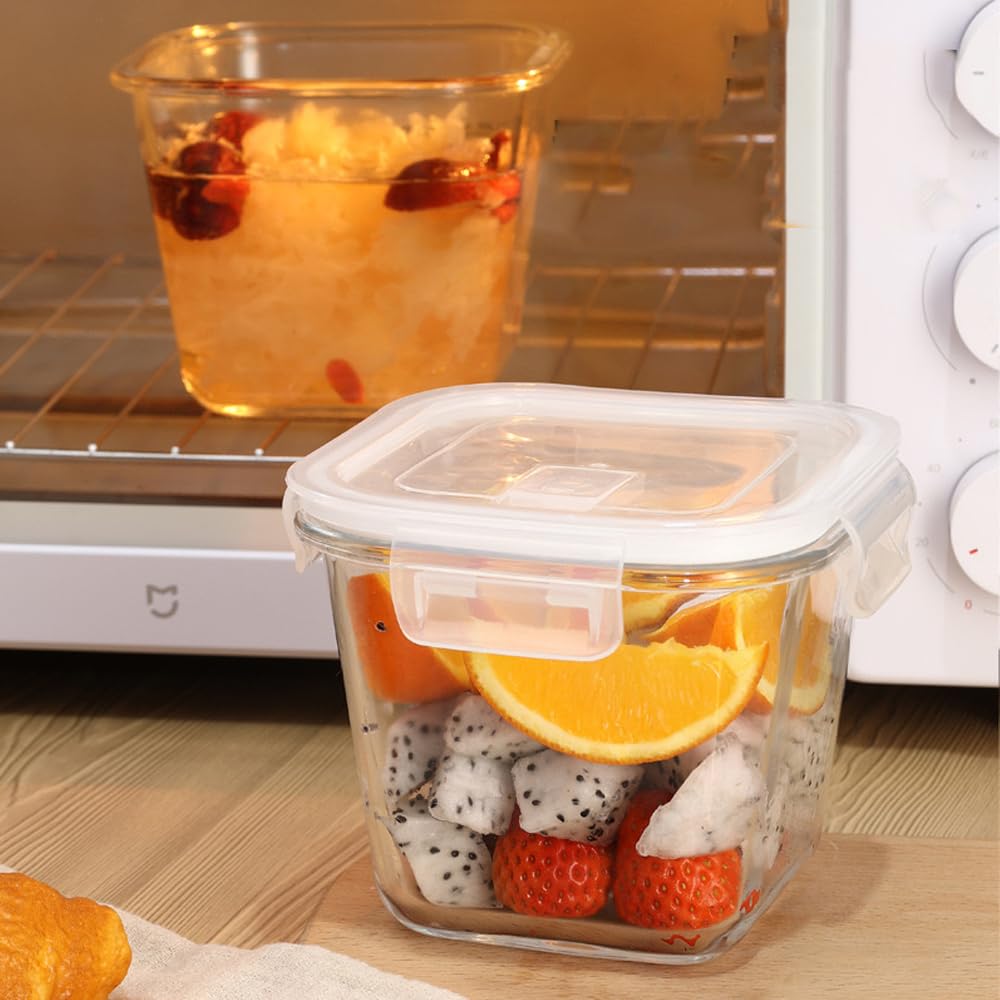 H.JSS WDJS 4 Cup Square Glass Food Storage Container with Lids, Square Glass Soup Container with Airtight Lids, 32 OZ Food Prep Bowls for Leftovers, Salad, Microwave、Fridge、Dishwasher Safe (4 Pack)