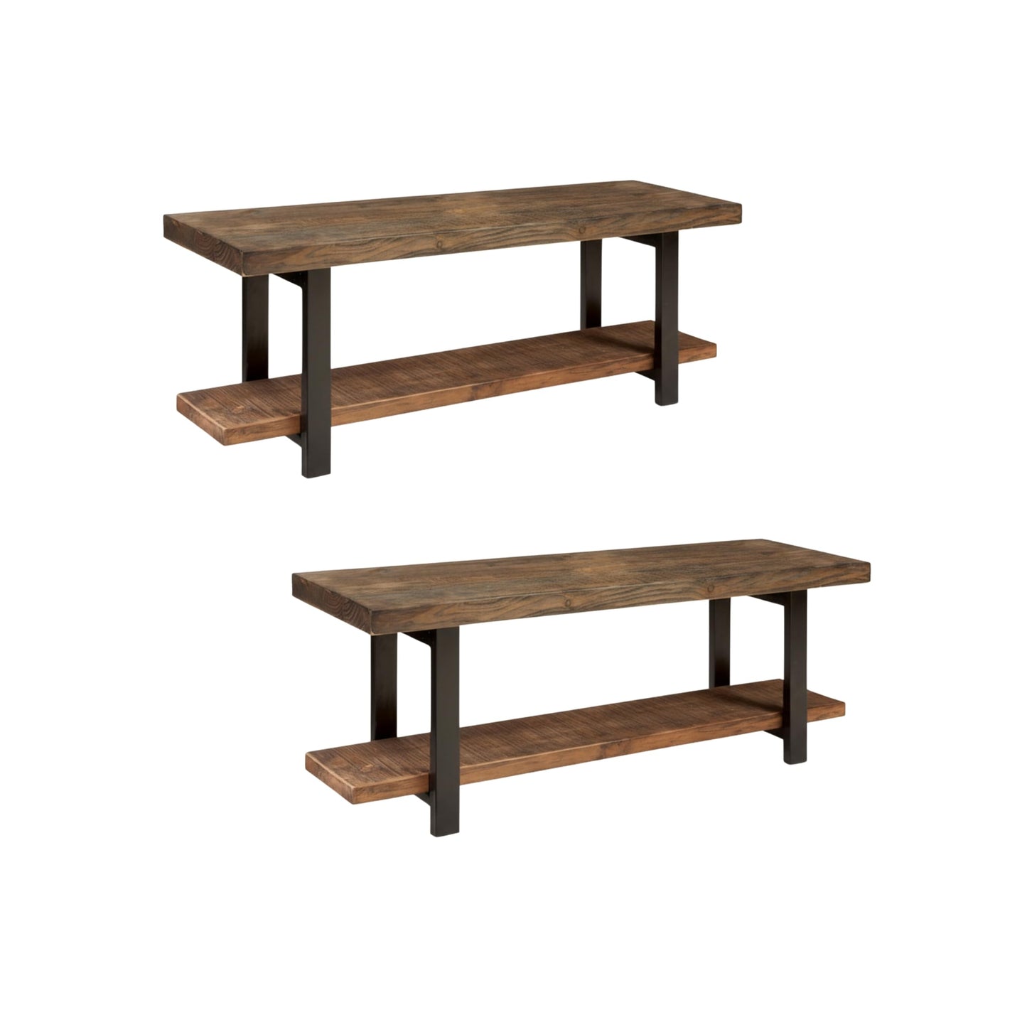 Alaterre Furniture Pomona Dining Bench Set of 2-48-Inch Modern Industrial Solid Wood Indoor Benches with Open Bottom Storage Shelf - Seating for Kitchen, Dining Room, and Living Room (Rustic Brown)