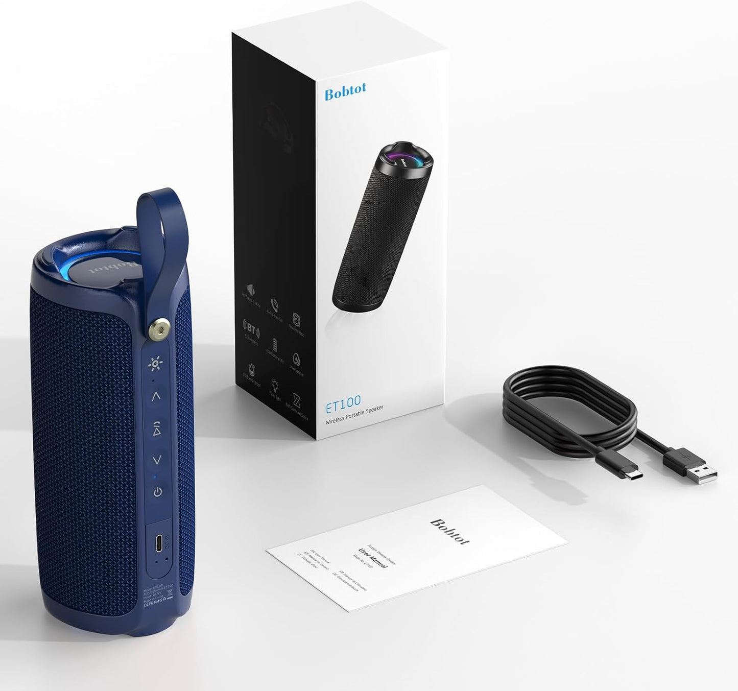 Bobtot IPX6 15W 15H Portable Bluetooth Speaker, Waterproof Speaker with Punchy Bass, Loud Sound, RGB, Playtime, Dual