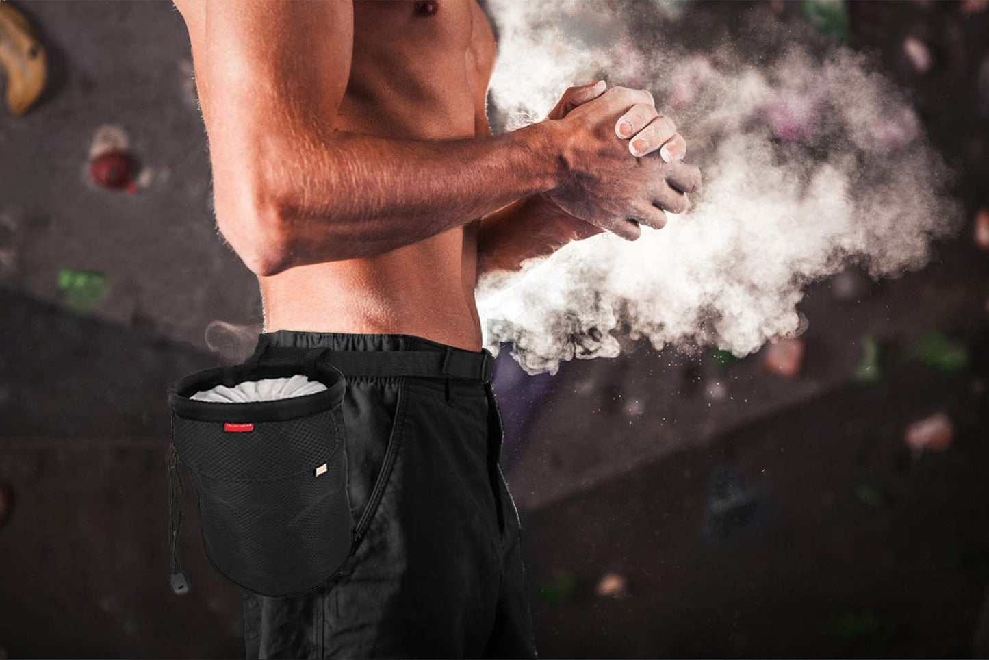 Rhino Valley Climbing Chalk Bag, No Leak Drawstring Chalk Bag with Adjustable Belt, Carabiner Clip and Zippered Pockets Chalk Bag for Rock Climbing, Cross Fit, Weight Lifting & More, Black