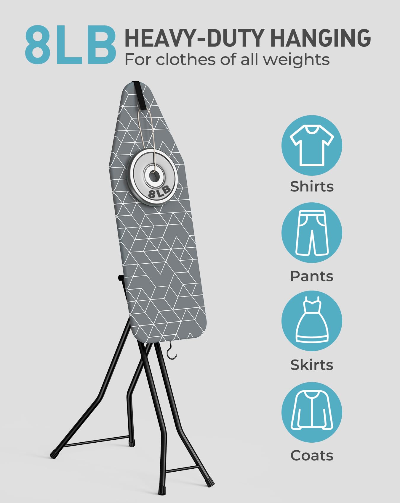 LyriFine Ironing Board, 2-in-1 Ironing and Steaming Board, Sturdy Steel Frame Iron Board with Non-Slip Feet, Heat Resistant Cover Iron Board, Foldable Compact Ironing Board with Hook, 14″ x 43″ Gray