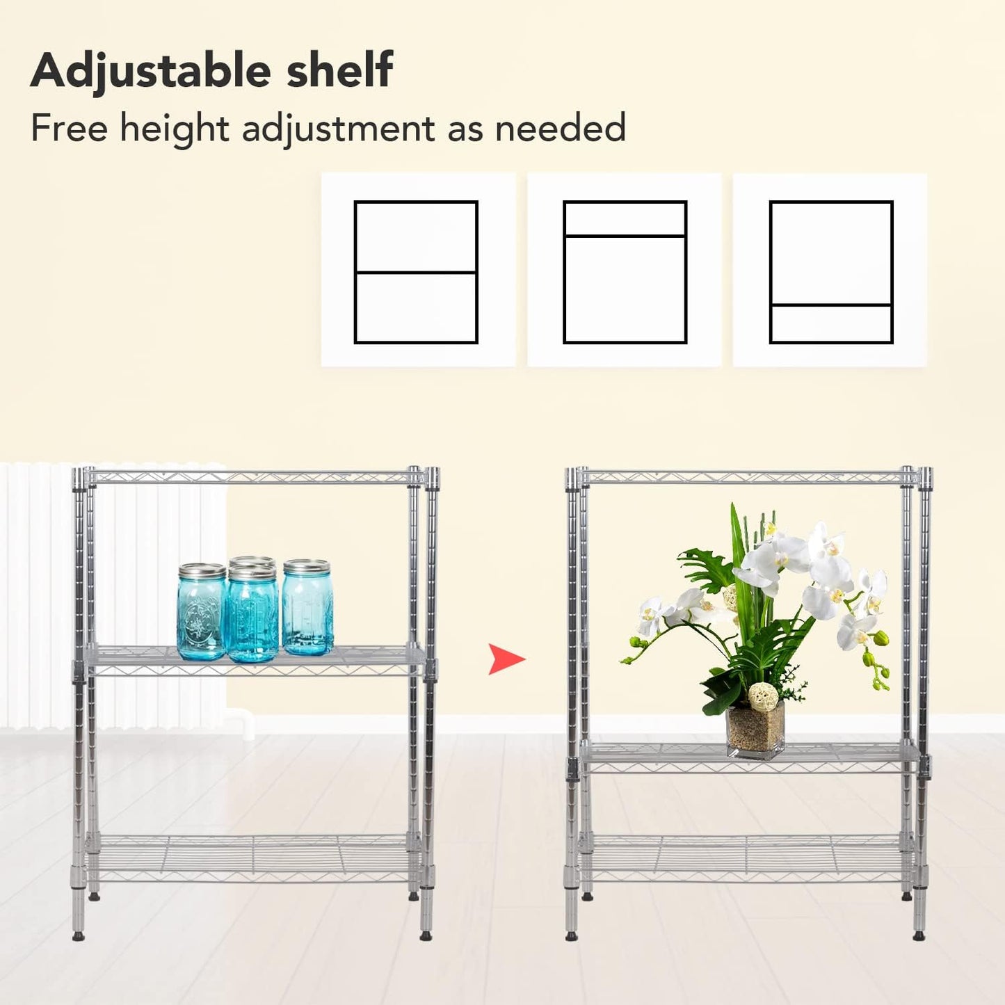 BestOffice Adjustable Metal Storage Shelves - 3-Tier Wire Shelving Unit | 450Lbs Capacity, Chrome Finish