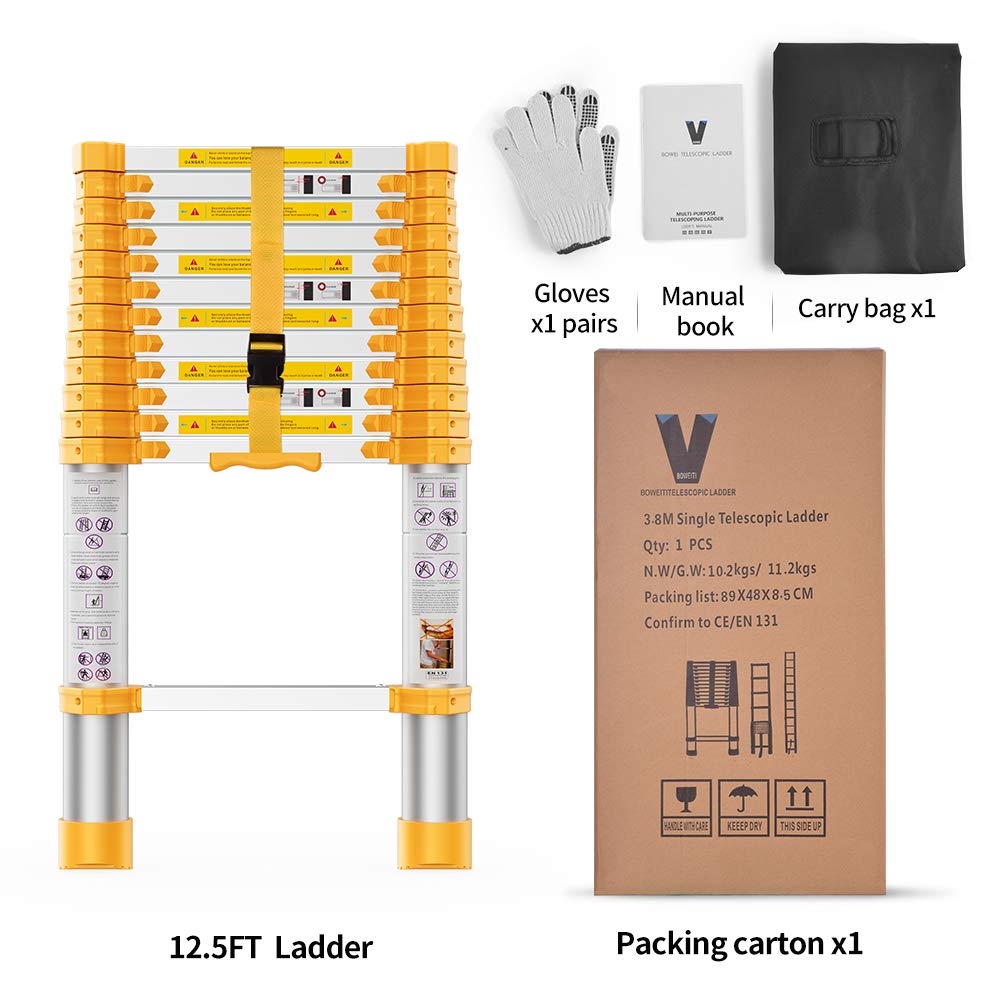 BOWEITI Telescoping Extension Ladder 12.5FT Heavy Duty Upgrade,Aluminum Telescopic Ladder with Upgrade Material/Accessories