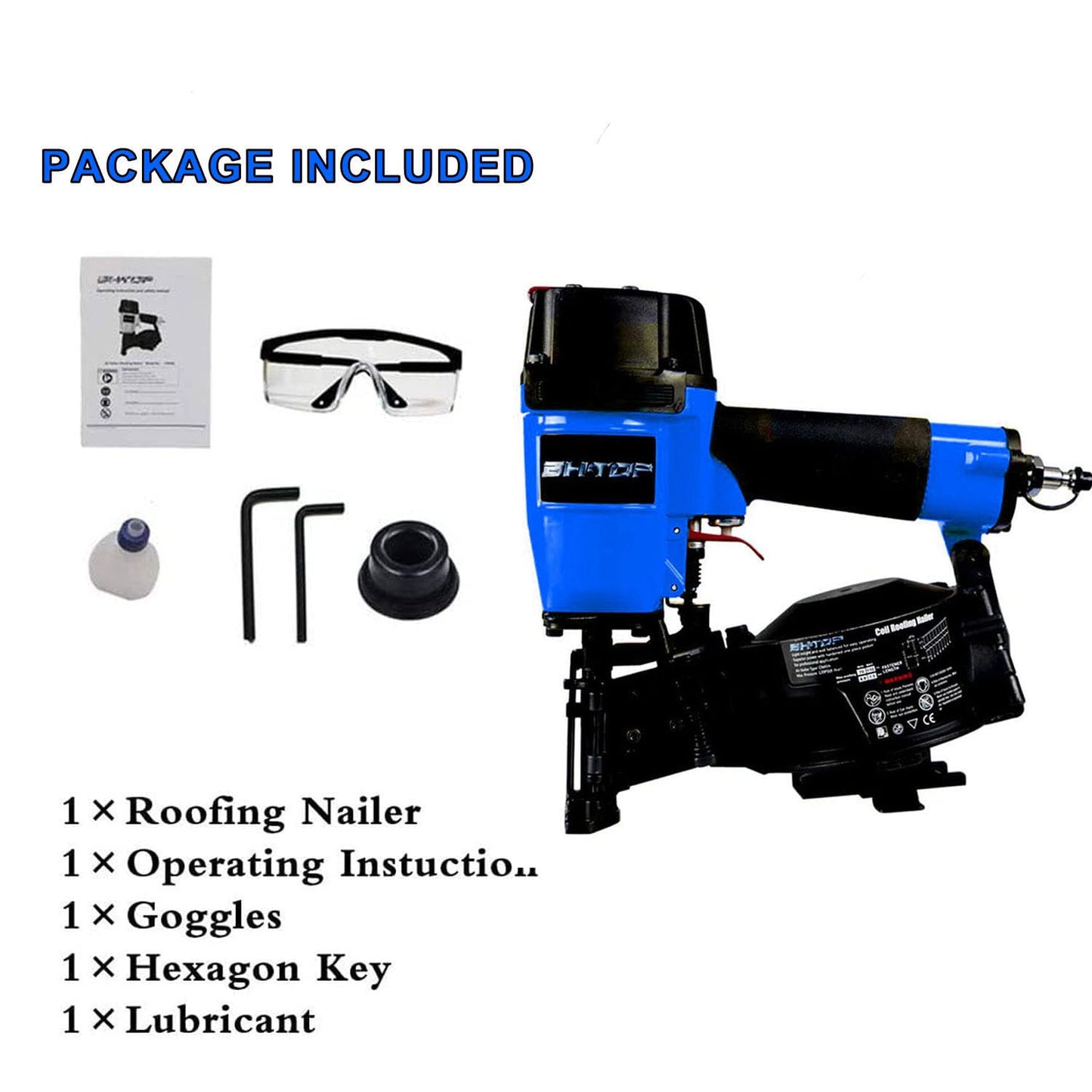 BHTOP CN45N Roofing Nailer, 15 Degree Roofing Nail Gun, 3/4-Inch to 1-3/4-Inch Coil Nails, 120-pcs Load Capacity Coil Nailer in Blue