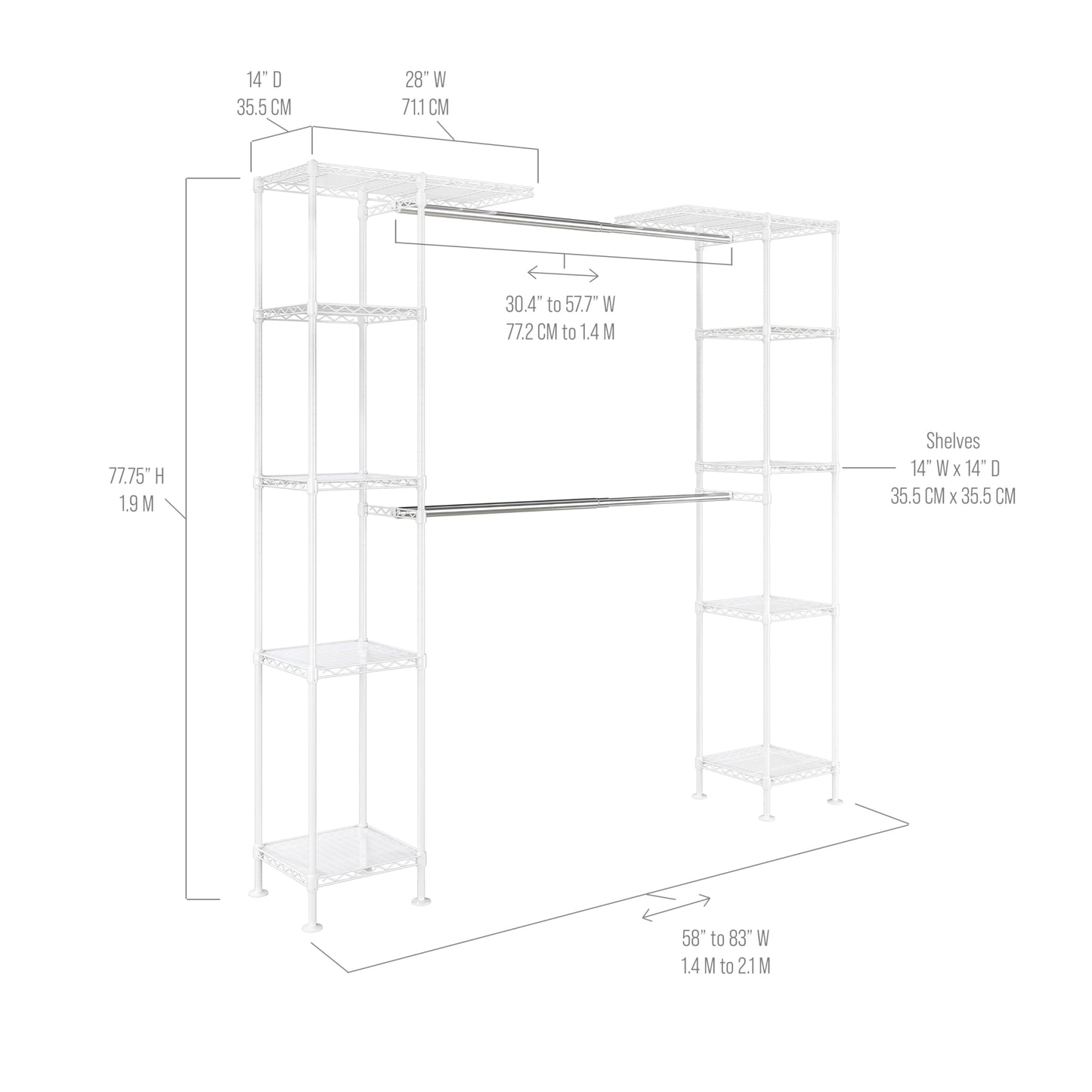 Seville Classics Closet Garment Organizer with Metal Hanging Rod Wardrobe Storage System, w/ Steel Shelves for Clothes, Shirts, Jackets, Coats, Blankets, Shoes, White, Expandable Rack