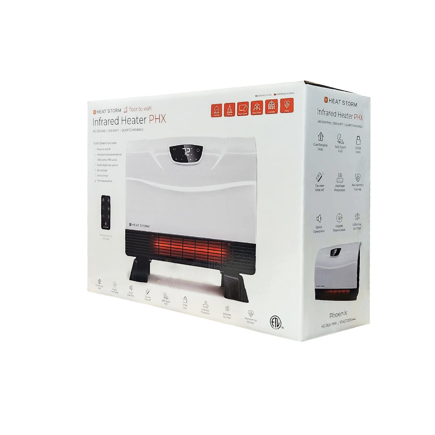 Heat Storm Phoenix Infrared Space Heater with Attachable Feet, Remote Control, Energy Efficient-750-1500 Watts, White Floor or Wall - HS-1500-PHX