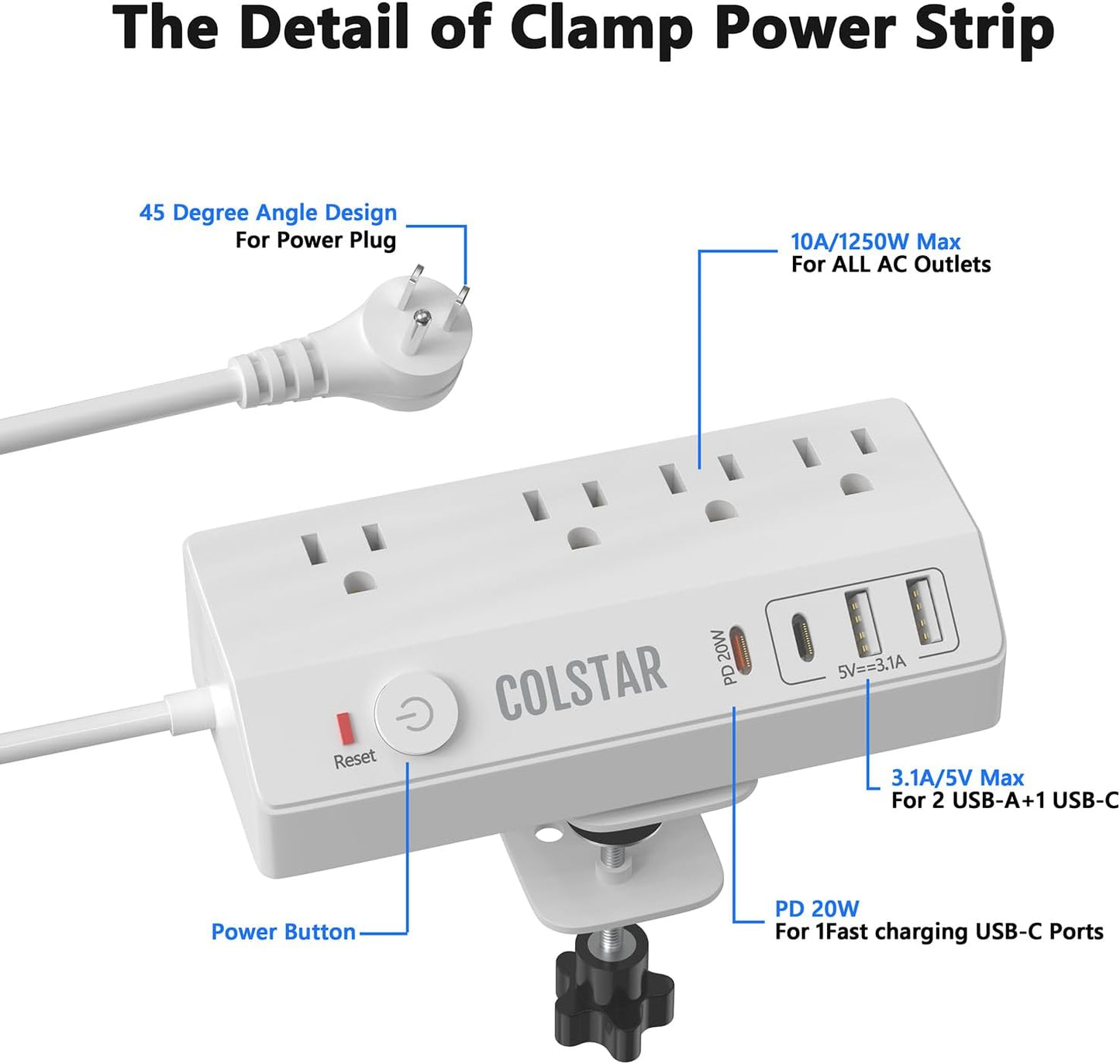 colstar 20W 10FT Desk Clamp Power Strip with USB, USB C Fast Charging, Clamps Securely to Desk Edge, Flat Plug