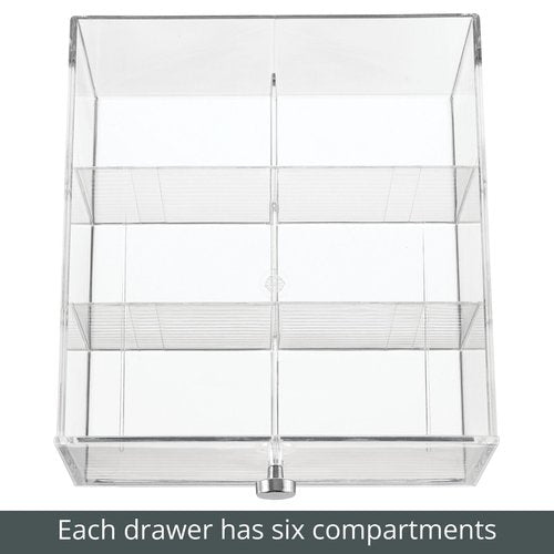 mDesign Plastic Wide Kitchen Pantry, Cabinet, Countertop Organizer Storage Station with 3 Drawers for Coffee, Tea, Sugar Packets, Sweeteners, Creamers, Drink Pods, Packets; 18 Sections - Clear