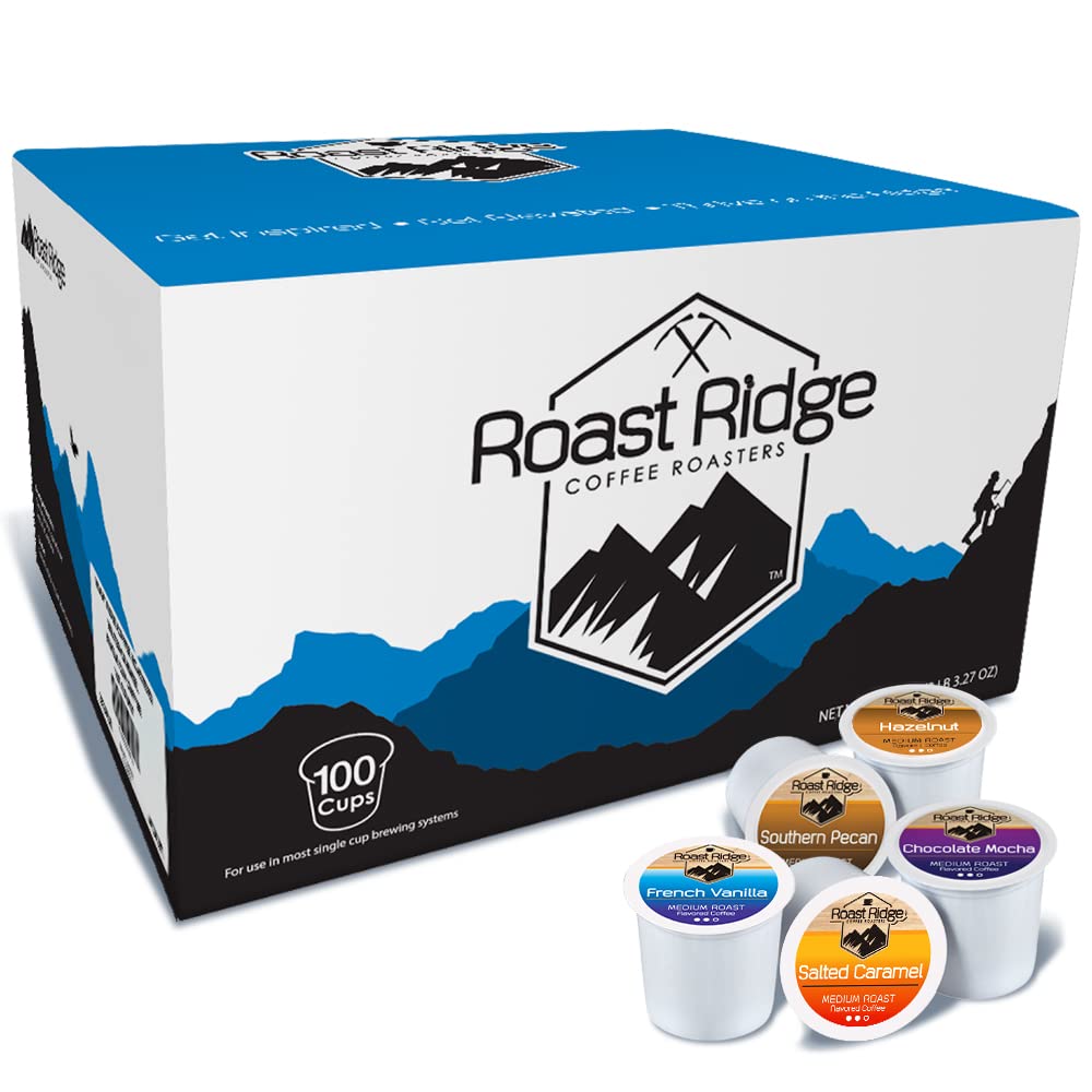 Roast Ridge Coffee Pods - Single Serve Variety Pack for Keurig | 100 Count (20 Each: Salted Caramel, Southern Pecan, Chocolate Mocha, Hazelnut, French Vanilla)