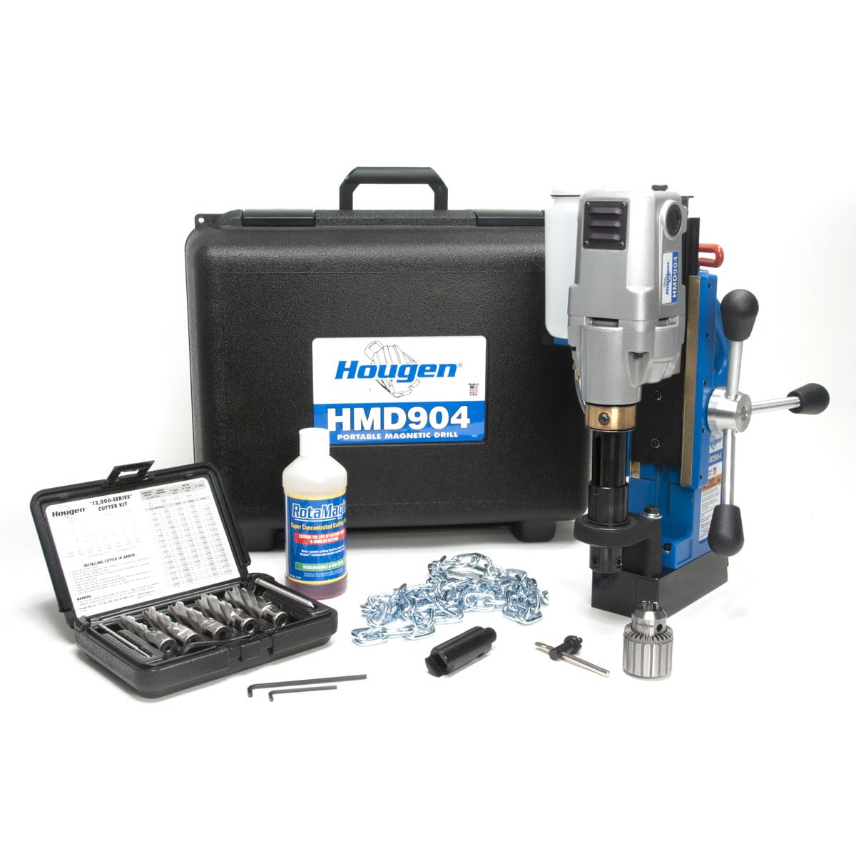 Hougen HMD904 115-Volt Magnetic Drill Fabricator's Kit with Integrated Coolant Bottle Plus 1/2" Drill Chuck, Adapter, and 12002 Rotabroach Cutter Kit