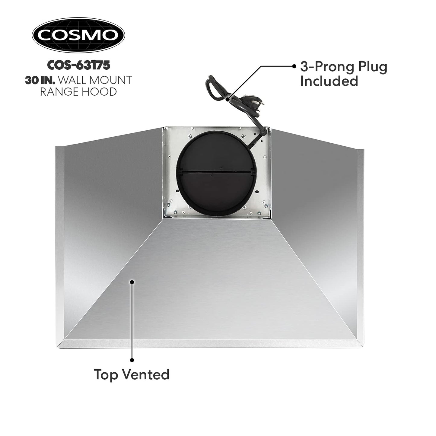 COSMO COS-63175 30 in. Vista Collection 380 CFM Ducted Wall Mount Range Hood, Button Controls, LED Lights, Stainless Steel