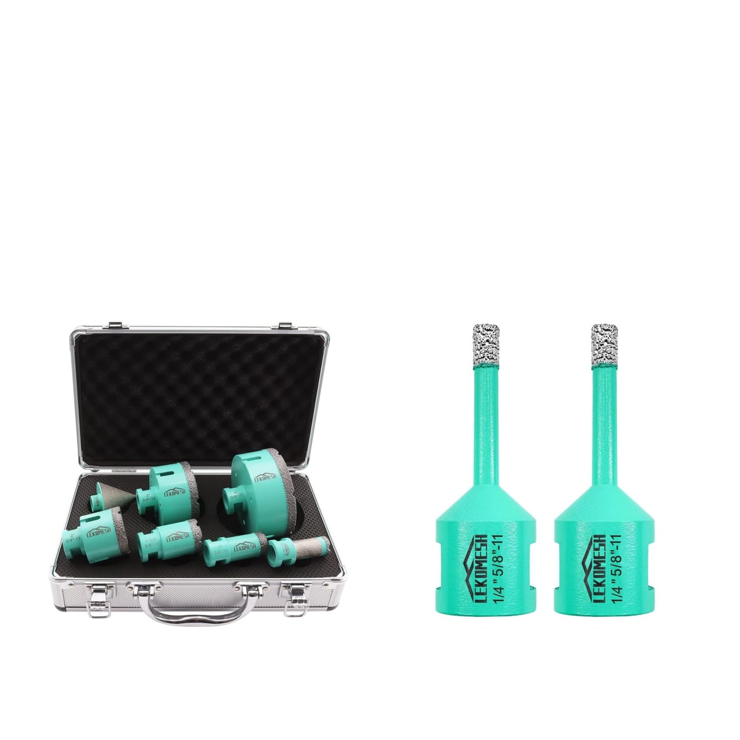 LEKOMESH Diamond Hole Saw Set 7pcs Tile Hole Saw Kit 5/8"-11 Thread and LEKOMESH Diamond Core Drill Bits - 1/4 Inch with 5/8"-11 Thread Tile Hole Saw Cutter Dry Drilling