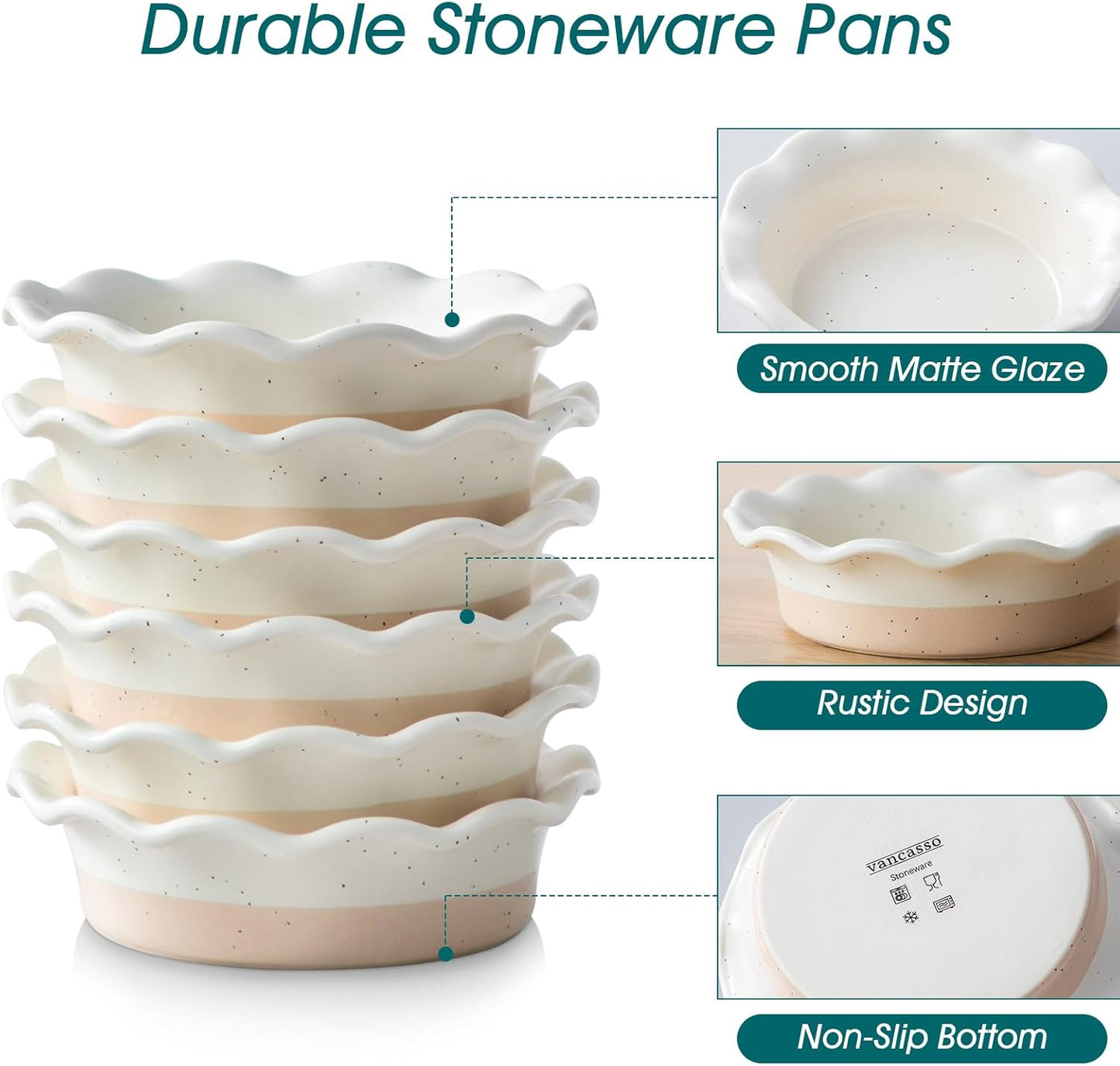 Vancasso Mini Pie Pans - Set of 6 Ceramic Deep Dish Plates | 5.2 Inch Ruffled Edge, Oven & Microwave Safe, Cream