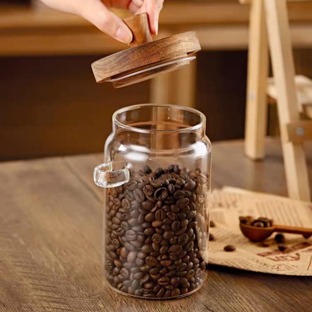 ANSQU Set of 2 Glass Food Storage Jars with Woodens Lid and Spoons, 20.3oz Glass Kitchen Canisters for Coffee, Tea, Cereal, Spice and Canning, Mason Jars, Cute Jars