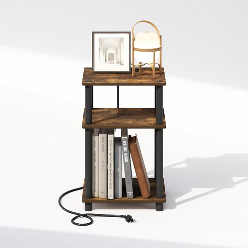 Furinno Night Stand - 3-Tier Turn-N-Tube Bedside Table with USB & Type-C Charging Ports | Amber Pine