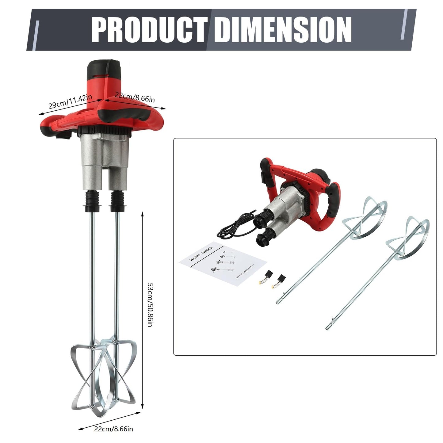 2800W Handheld Electric Concrete Mixer, Cement Mixer Dual Paddle, Portable Mortar Mixer 6 Adjustable Speed, Electric Concrete Plaster Grout Paint Mortar Mixer Machine Red