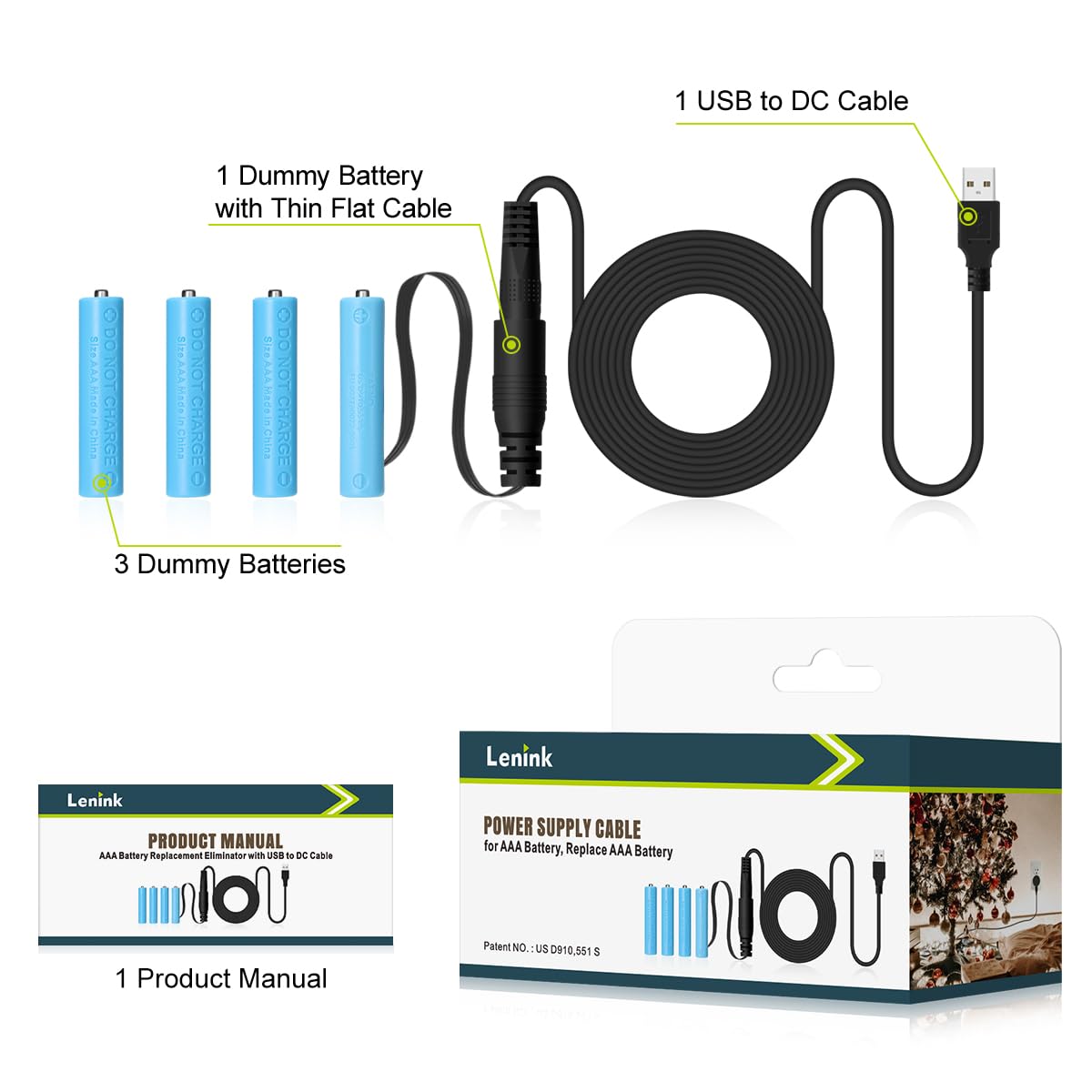 Lenink Power Supply Cable for AAA Battery, Replace AAA Battery