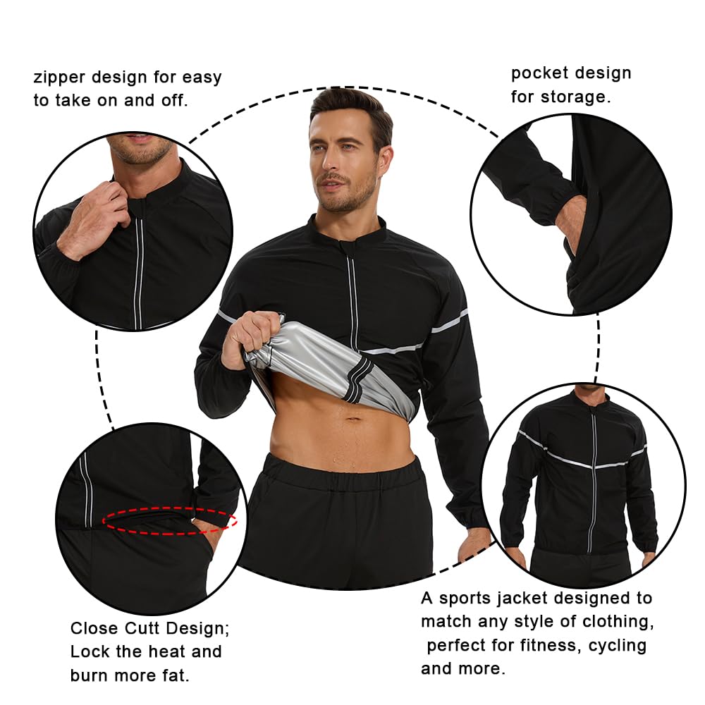 NINGMI Sauna Suit for Men Sweat Jacket Long Sleeve Shirt Zipper Workout Body Shaper Top Slimming Fitness Gym
