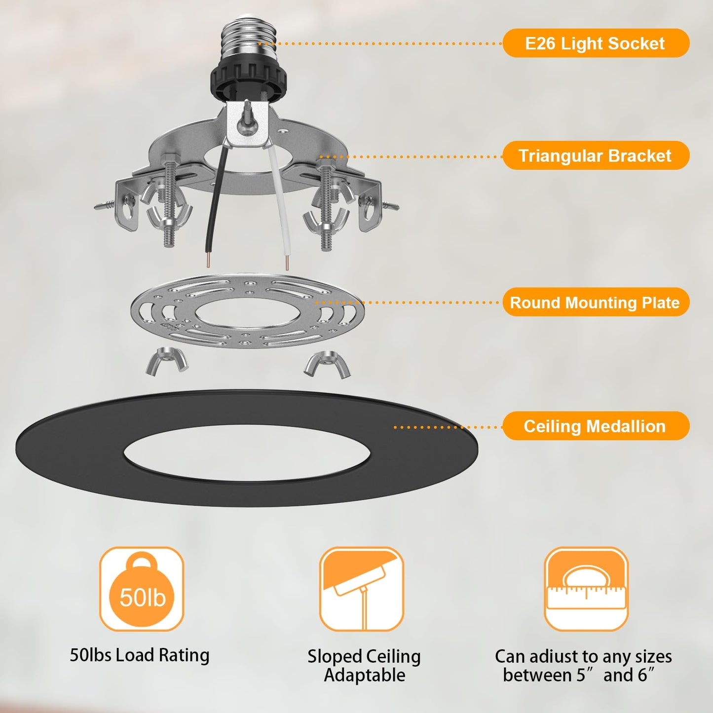 YIIZON 5" and 6" Recessed Can Light Conversion Kit, Fixture Upgrade, Pendant & Hanging Light, Ceiling Fan Compatible, 7¾ Inch Flat Steel Ceiling Medallion, Black Finish