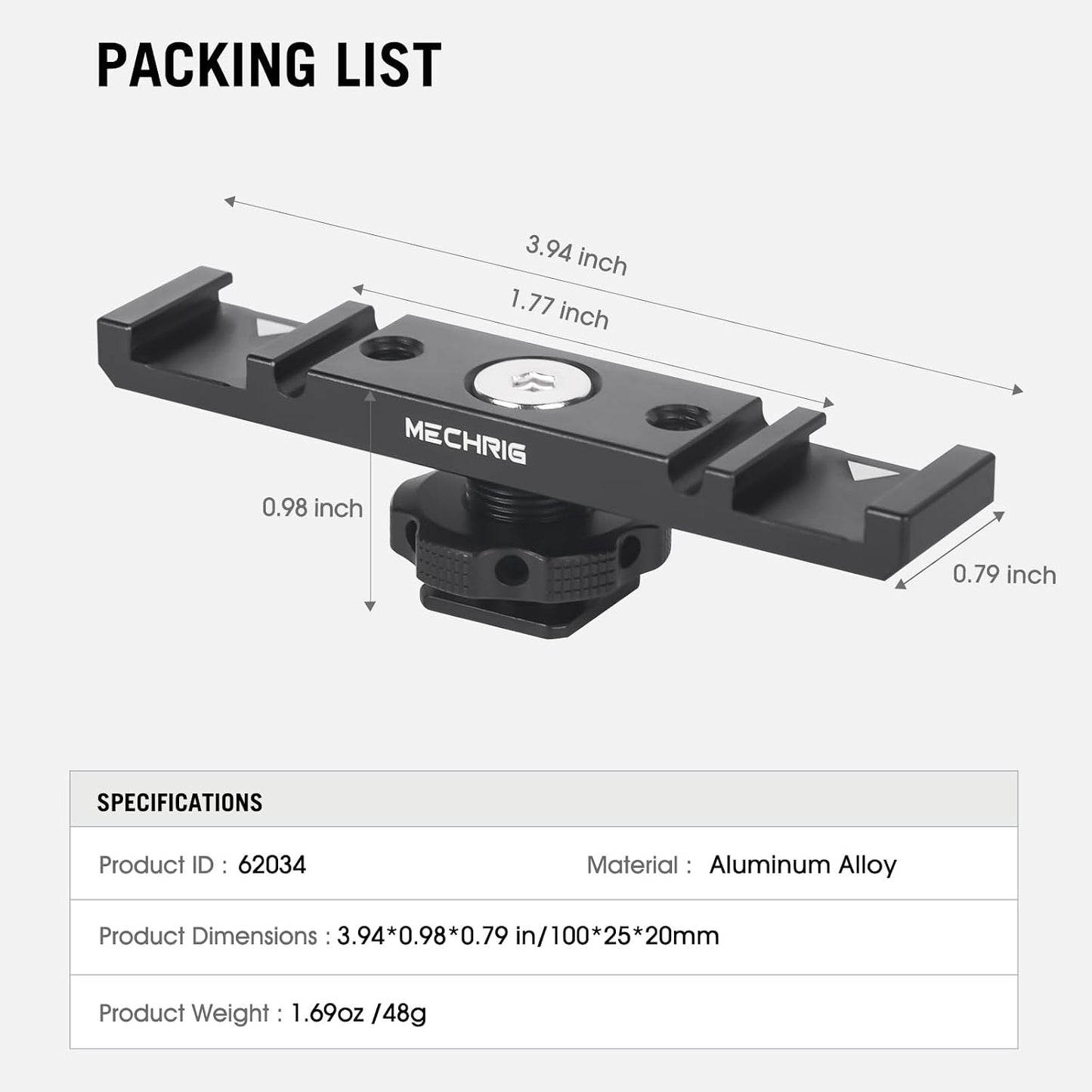 Mechrig 1/4" (62034) Dual Cold Shoe Extension Bar Mount, Aluminum Dual Hot Shoe Mount Bracket with Thread & Cable Slot