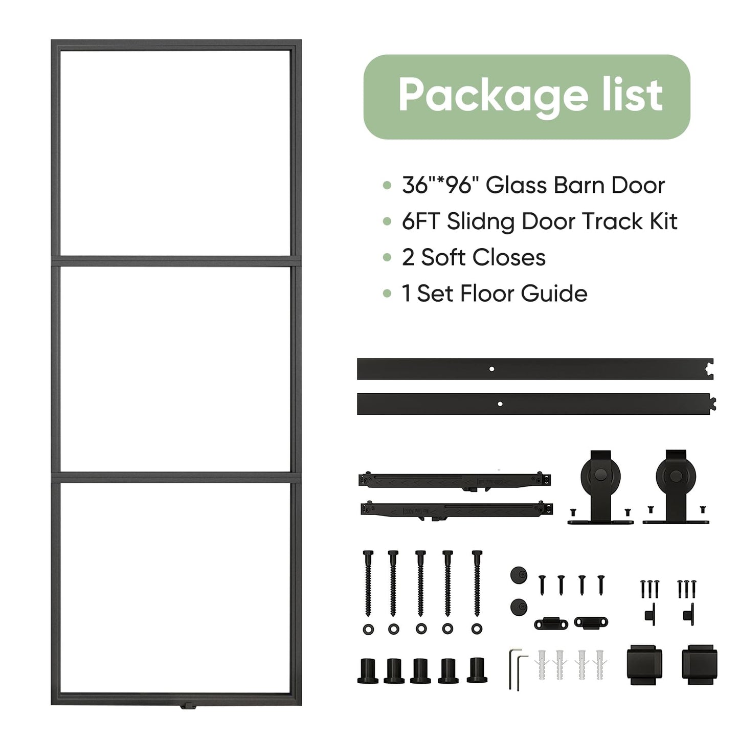BARNSMITH 36in x 96in Frosted Glass Barn Door and 6FT Hardware kit Included, Soft Close Mechanism,Black Carbon Steel Tempered Frosted Glass Sliding Barn Door, Easy Assembly