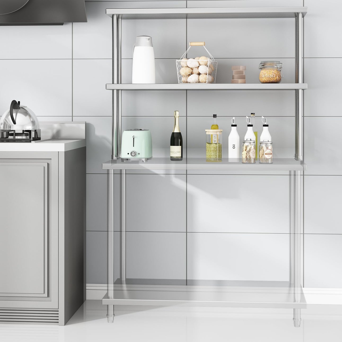 GarveeHome Heavy Duty Stainless Steel Double Overshelf for Commercial Kitchen - 2-Tier Adjustable Shelf (12 in x48 in) - 360 LB Capacity - Restaurant Prep Table, Workbench, Home & Garage Storage Rack
