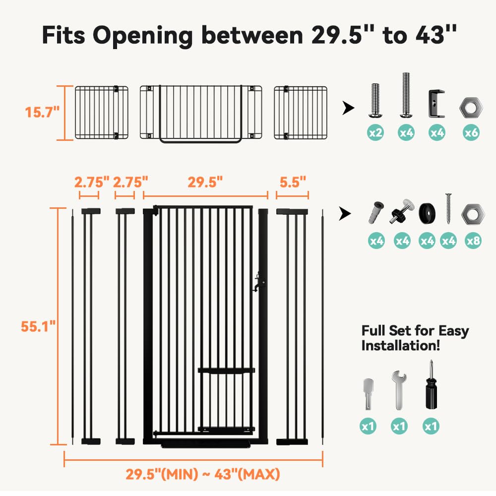 COMOMY 71" Extra Tall Pet Gate for Cats, 29.5-43" Extra Wide Cat Gate with Adjustable Cat Door, Pressure Mounted Easy Walk Through Pet Gate with Door for Stairs, Doorways, Kitchen(Black)