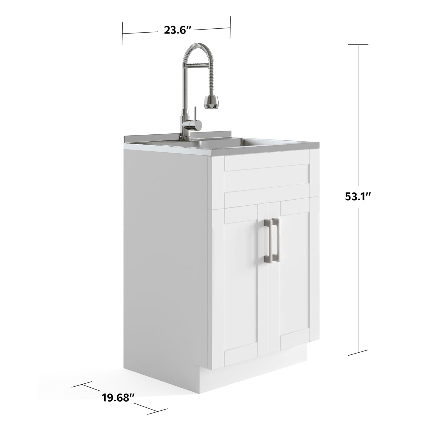 SIMPLIHOME Hennessy All-in-One 24 inch Wide Utility Sink and Laundry Cabinet in Pure White Finish, Transitional Stainless Steel Sink Cabinet for Laundry Rooms with High-Arch Chrome Faucet and Storage