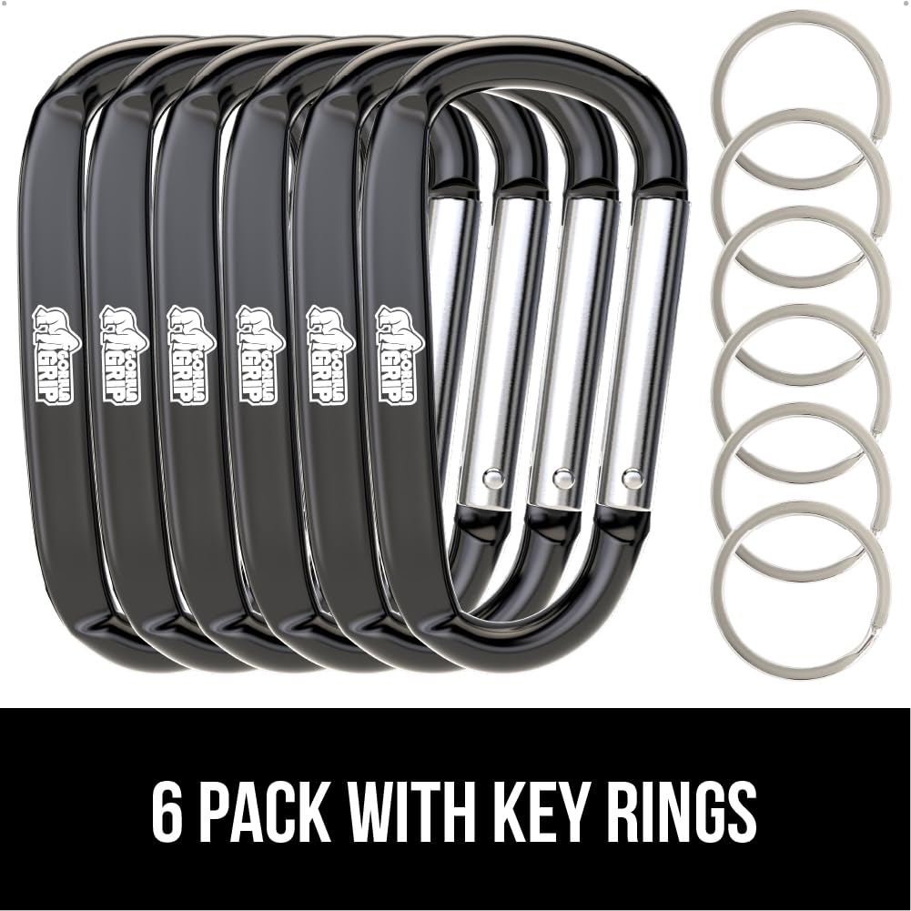 GORILLA GRIP Carabiner Clip, 3" D Ring, Pack of 6 Heavy Duty Aluminum Key Holder Clips Hold 170lbs, Rust, Scratch-Resistant Camping Essentials, Hiking Gear, Tactical Backpacking Keychains, Black