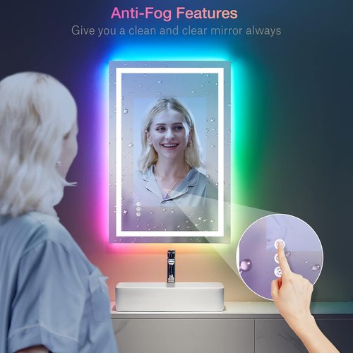 LOAAO LED Bathroom Mirror - 28" X 32" Dimmable, Anti-Fog, RGB Backlit with Memory Function