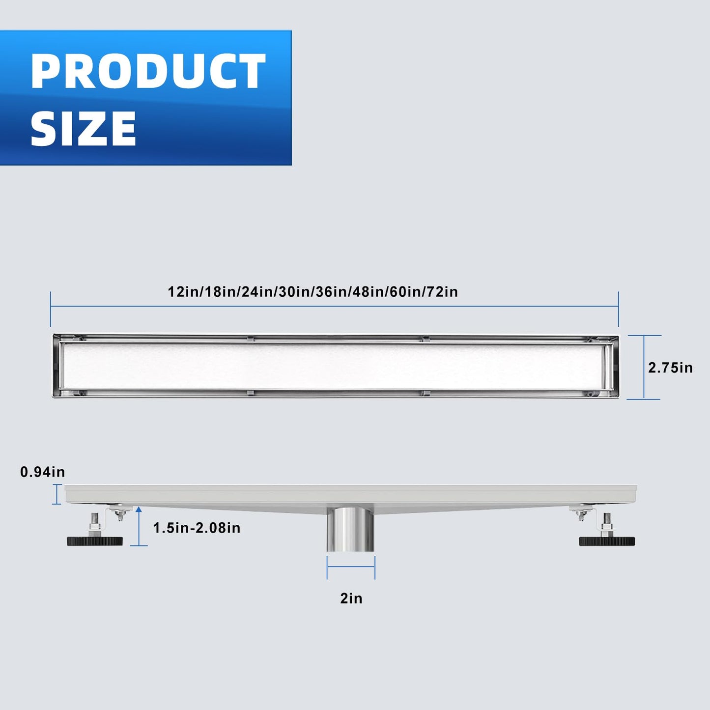 morefine Linear Shower Drain, 60 inch 304 Stainless Steel Shower Floor Drain with Tile Insert Grate, Adjustable Feet and Hair Filter
