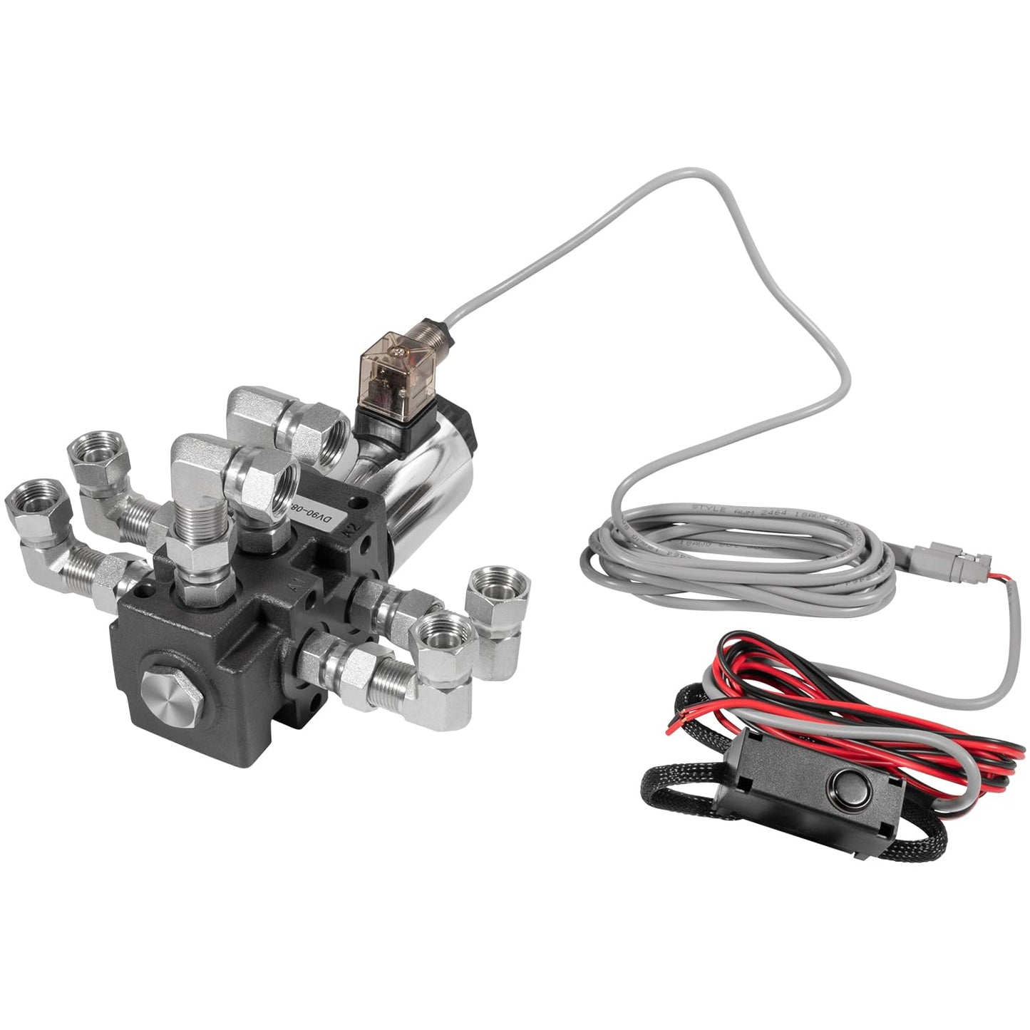 24 GPM Hydraulic Multiplier Diverter Selector Solenoid Valve, 6 Port, 3625 Max PSI, 12VDC, with Switch, Extension Harness, Ag Coupler Adapters For Most Tractors, Up To 3 Additional Functions