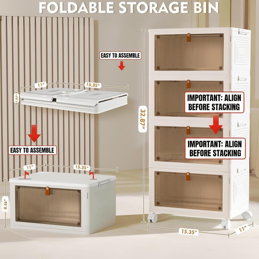 YFXCVSL 4-Tier Plastic Storage Bins - Stackable Containers with Wheels, 23QT, Ideal for Home & Office