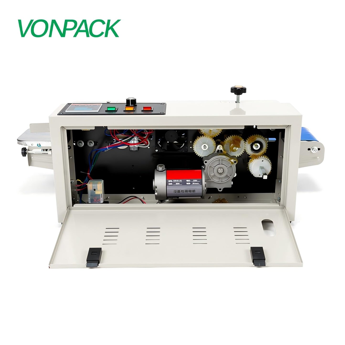 VONPACK FR-900 Automatic Continuous Band Sealing Machine, 110V Bag Sealer Industrial Factory Kitchen Packing Machine Heat Sealing Adjustable Intelligent Temp Control for Plastic Bag Food Film
