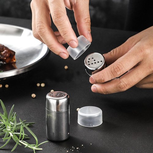 2-Pack Mini Salt Pepper Shaker,5ml Salt and Pepper Shaker with Lid,Stainless Steel Spice Jars Seasoning Dispenser for Salt Sugar Spice Pepper (Silver, Small)