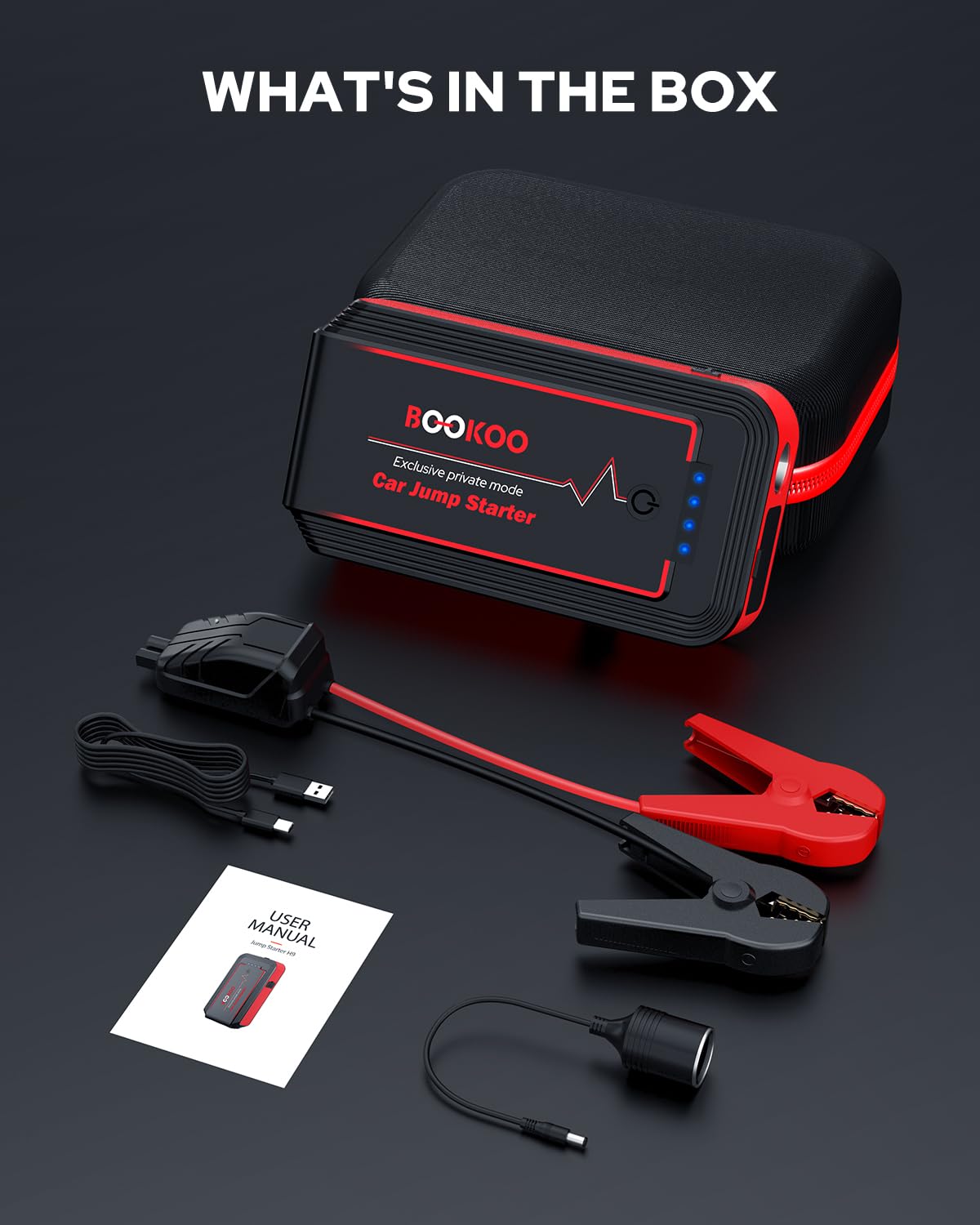 BOOKOO Car Battery Jump Starter 4500A,Portable Car Jump Starter for Upto 10L Gas and 8L Diesel Engines,12V Jump Box with Jumper Cables,USB QC3.0,128W DC,LED Light
