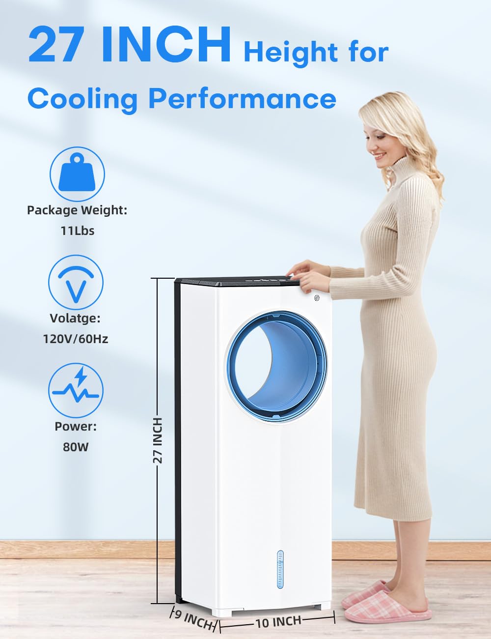 CENSTECH Windowless Air Conditioner, 27" Bladeless Evaporative Air Cooler with 4 Modes & 3 Speeds, Double Tanks for 24H Cooling, 25FT Remote, 7H Timer, 360° Swing Portable Swamp Cooler Air Conditioner