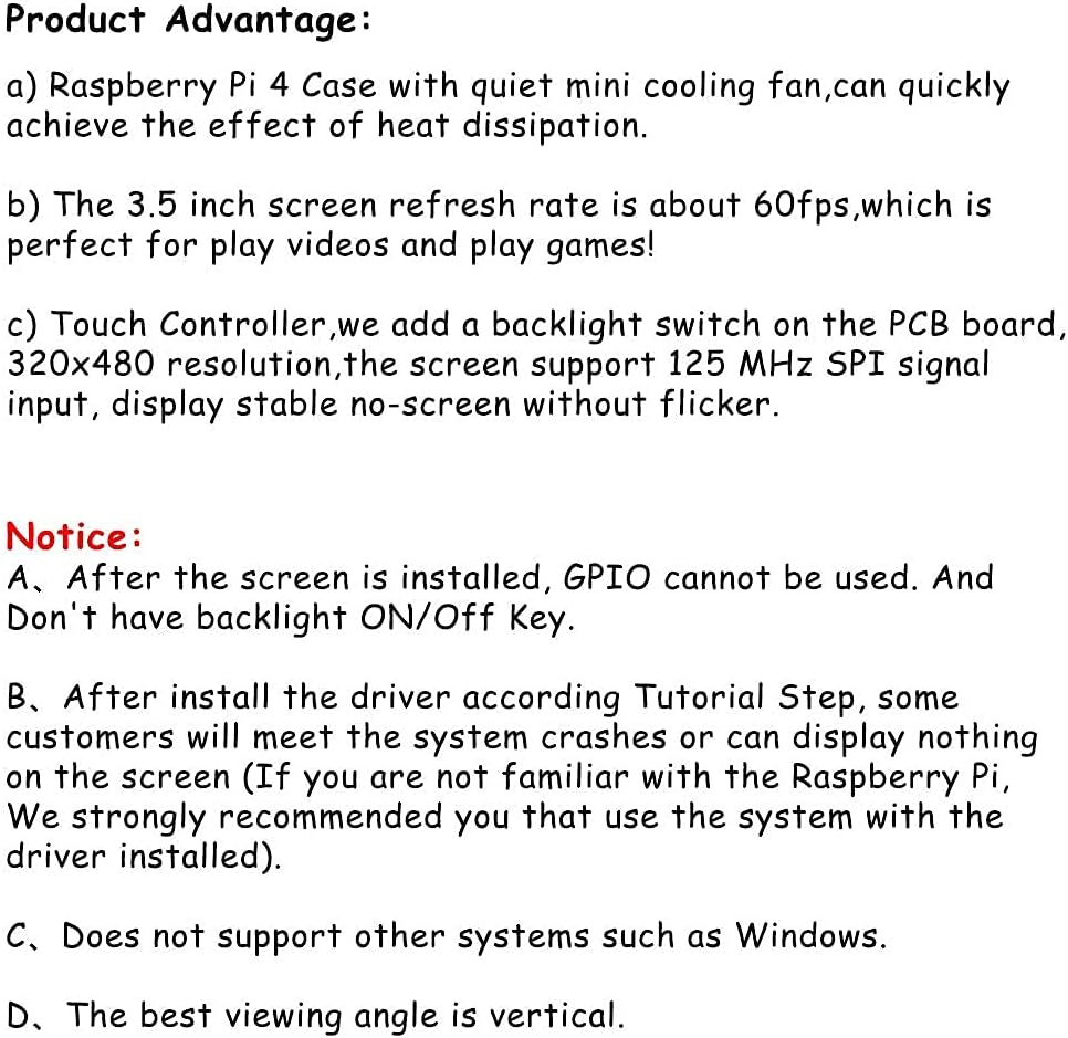 CUQI 4 3.5 inch 480x320 60fps for Raspberry Pi TFT Touch Screen with Case, Mini Cooling Fan and Heatsink, Resolution