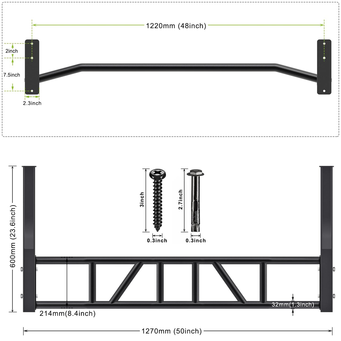 SELEWARE 48'' Multi-grip Pull Up Bar Wall Mount Heavy Duty Chin Up Bar with Hangers for Heavy Bag Home Gym Strength Workout Straps Support 500 lbs