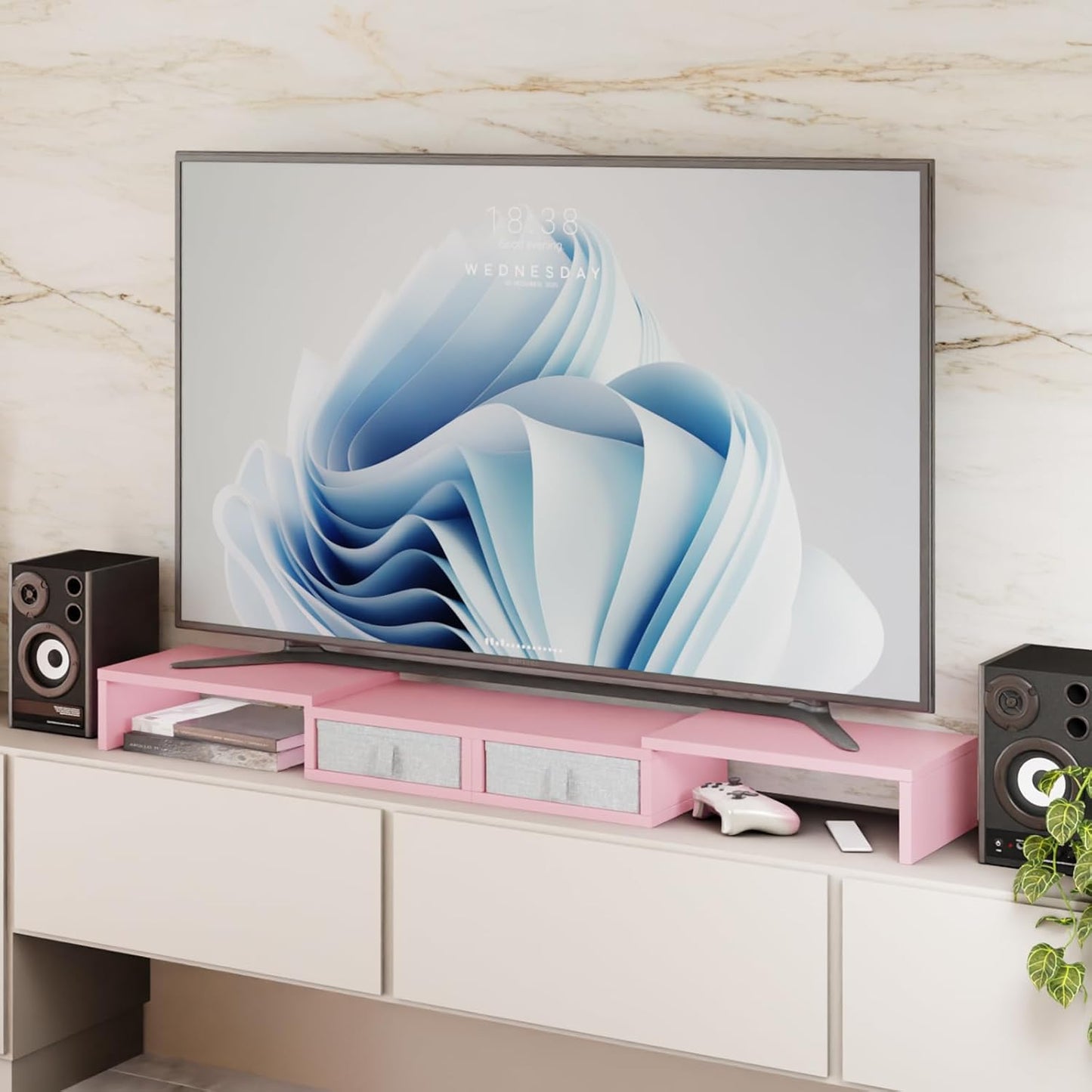 2 37 inch 2 (2 8''H) TEAMIX Pink Dual Monitor Stand Riser with Drawers - Length and Angle Adjustable Double Corner Desk
