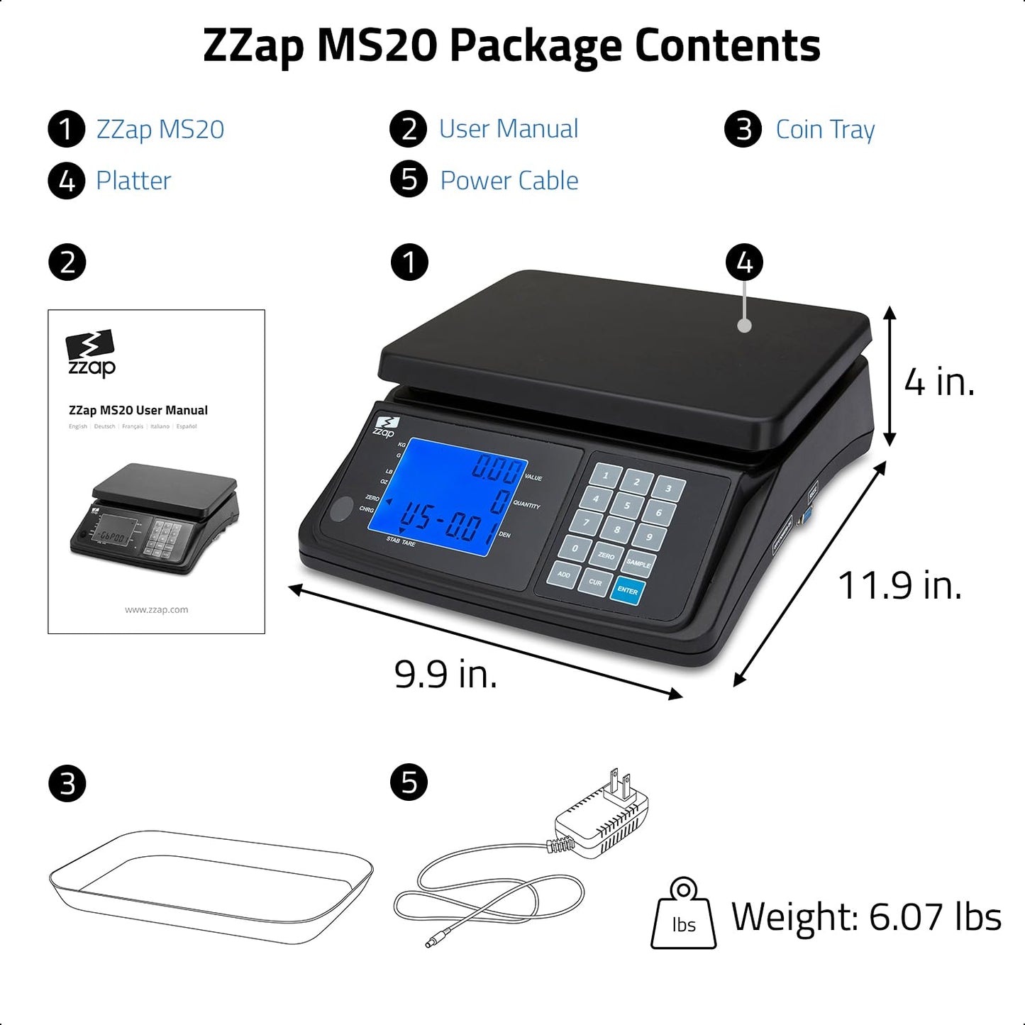 ZZap MS20 Coin Counting Scale - Money Cash Currency Weighing Machine